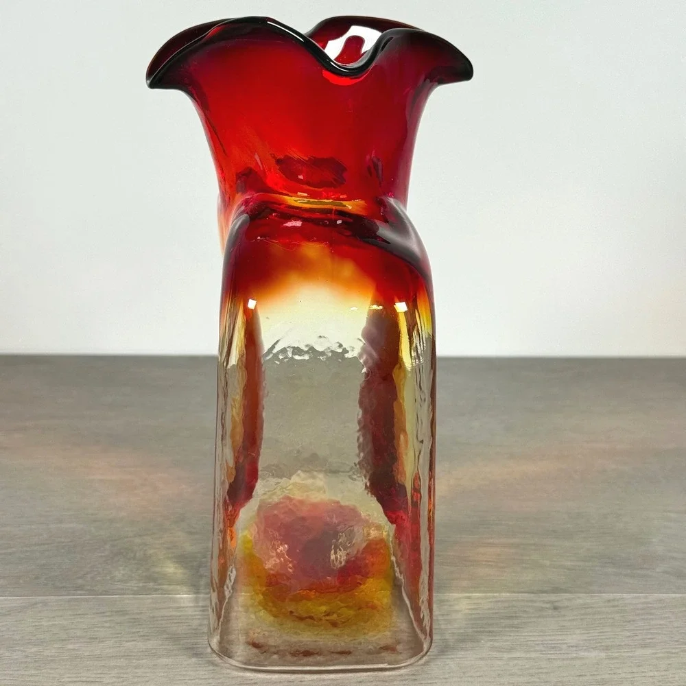Blenko 2008 Amberina Water Bottle Vase Red Yellow Double Spout 8